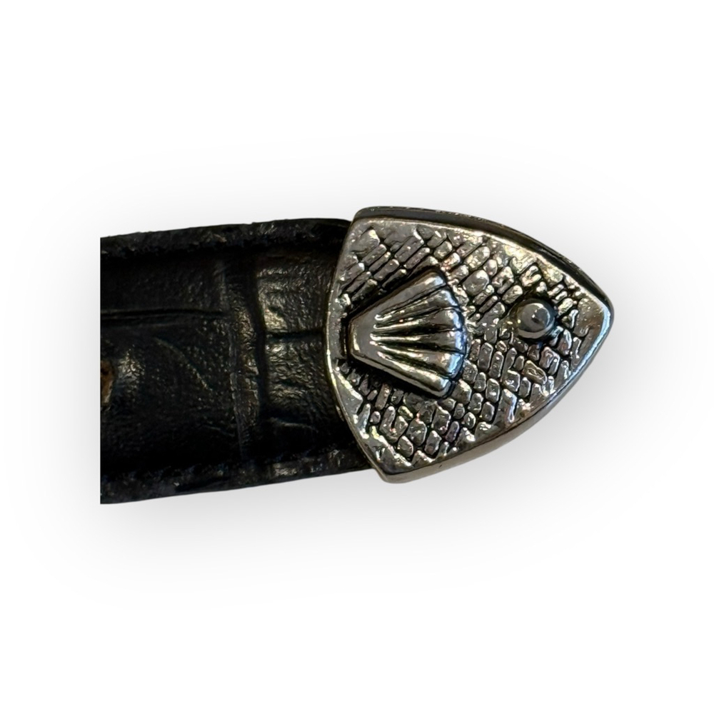 Black Faux Leather Angel Belt Silver Buckle Croc Embossed 1” Wide 39” Length - Picture 3 of 8